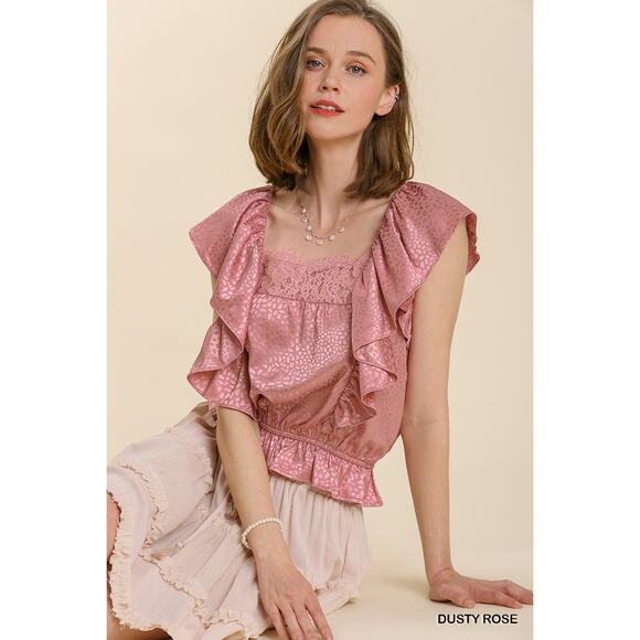 UMGEE Satin Animal Jacquard Print Lace Neck Back Tie Ruffle Top Dusty Rose S - Picture 1 of 6